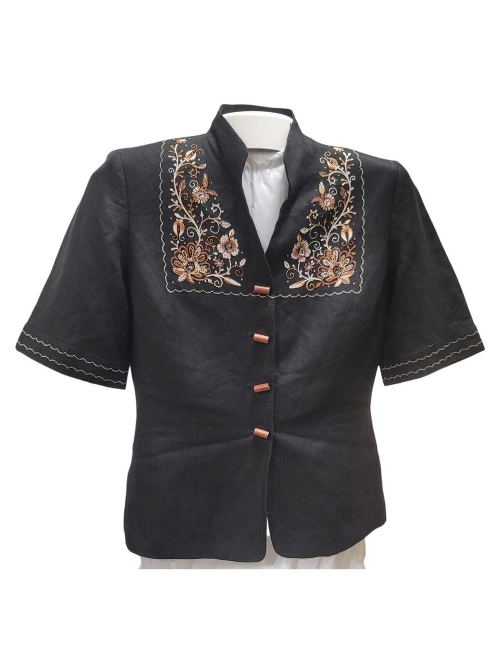Kasper Black Linen Blend Embroidered Short Sleeve Jacket Wooden Button Closure 8